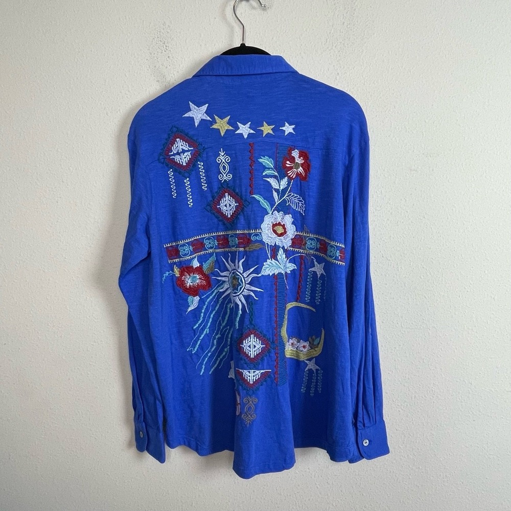 NWT Caite Junia S Blue Iris‎ Embroidered Back Shirt Boho Artsy Top